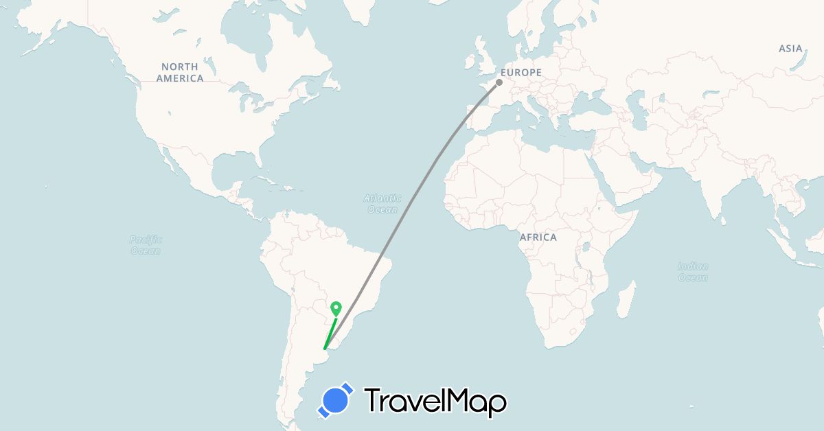 TravelMap itinerary: bus, plane in Argentina, France (Europe, South America)
